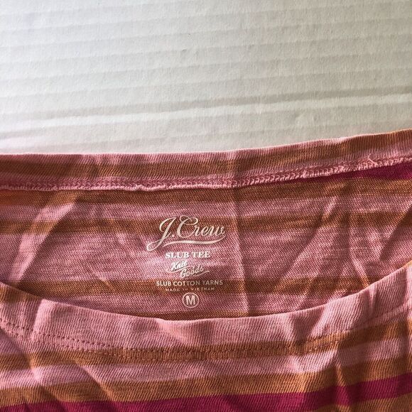 J Crew Slub Tee Knit Goods Pink Orange Stripe 3/4 Sleeve Top Sz M A22 - Picture 3 of 4